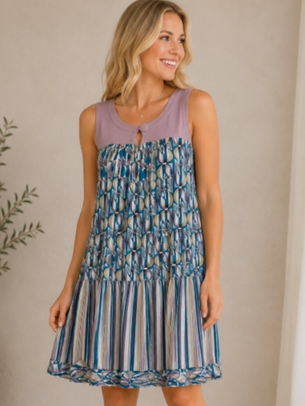 Inspird women's S mixed media mod retro bold pattern babydoll dress GUC